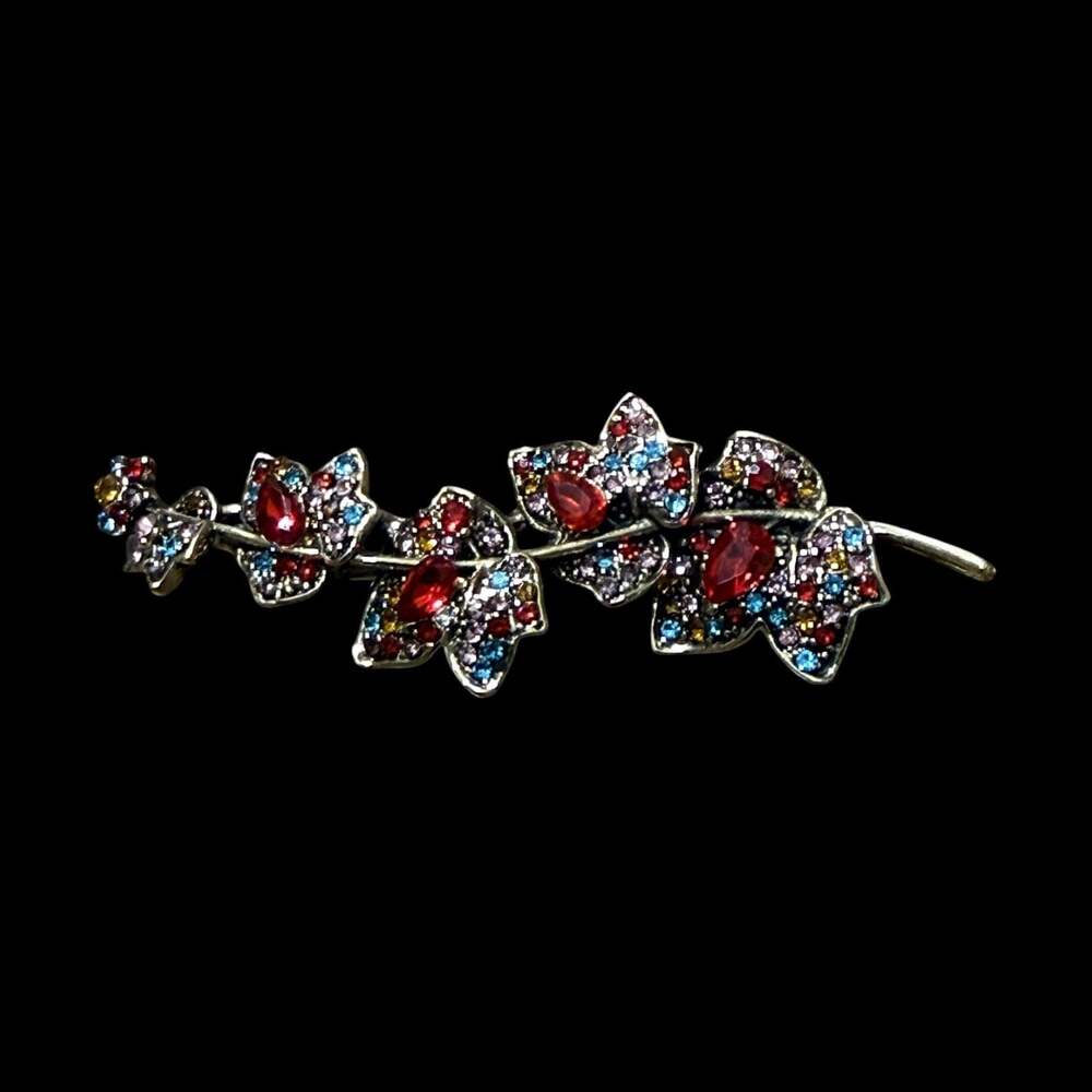 Leaf on Branch Multi-Colored Rhinestone Gold Tone Pendant Brooch - Picture 1 of 4